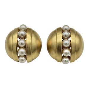 Vintage Karl Lagerfeld Gold Tone Faux Pearl Clip On Orb Earrings Large Statement
